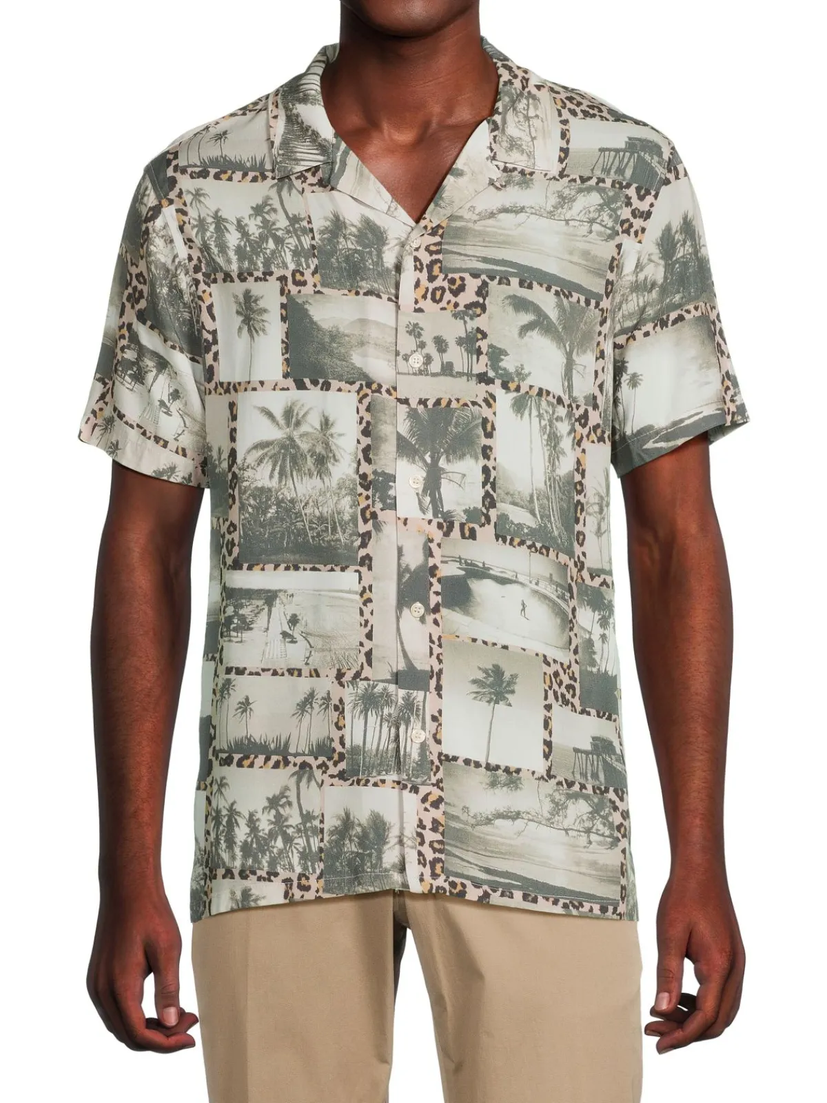 Industry Casual Button-Down Shirts|Leopard Print Palm Tree Camp Shirt Grey Multicolor