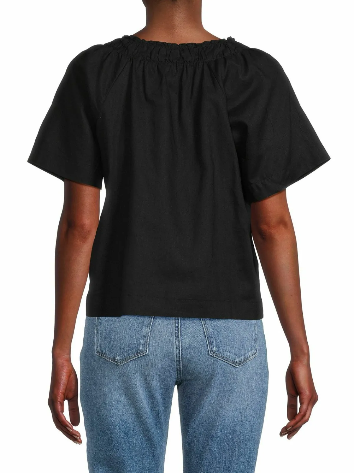 Women Saks Fifth Avenue Linen & Cotton Ruched Peasant Top