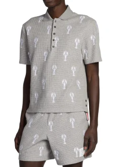 Thom Browne Polos|Lobster Embroidered Waffle Knit Polo Light Grey