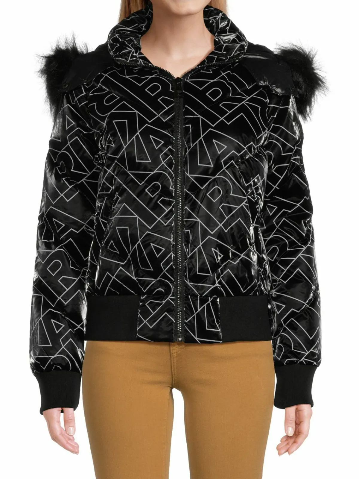 Women Karl Lagerfeld Paris Logo Faux Fur Trim Hooded Down Jacket