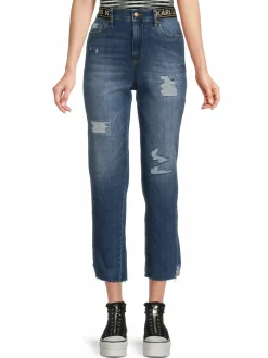 Women Karl Lagerfeld Paris Logo Tape Distressed Straight Jeans
