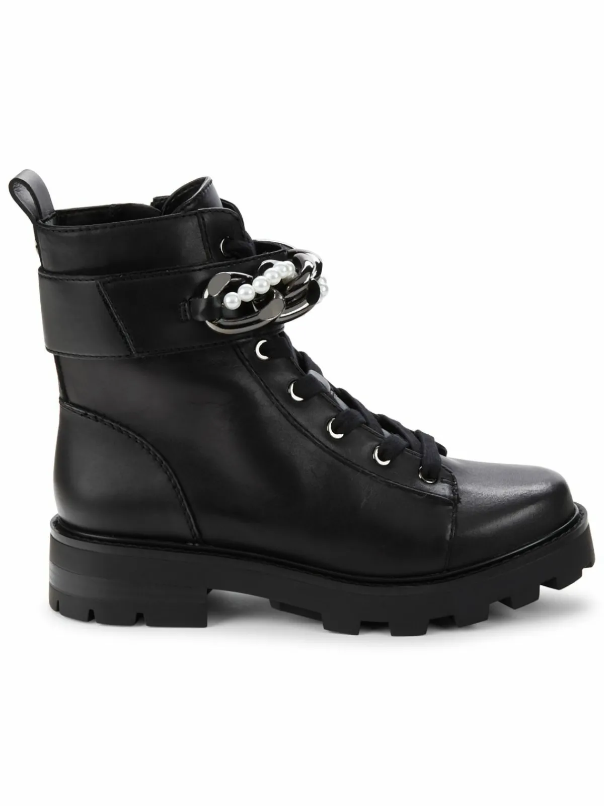 Karl Lagerfeld Paris Maxi Faux Pearl Chain Leather Ankle Boots
