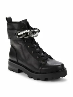 Karl Lagerfeld Paris Maxi Faux Pearl Chain Leather Ankle Boots