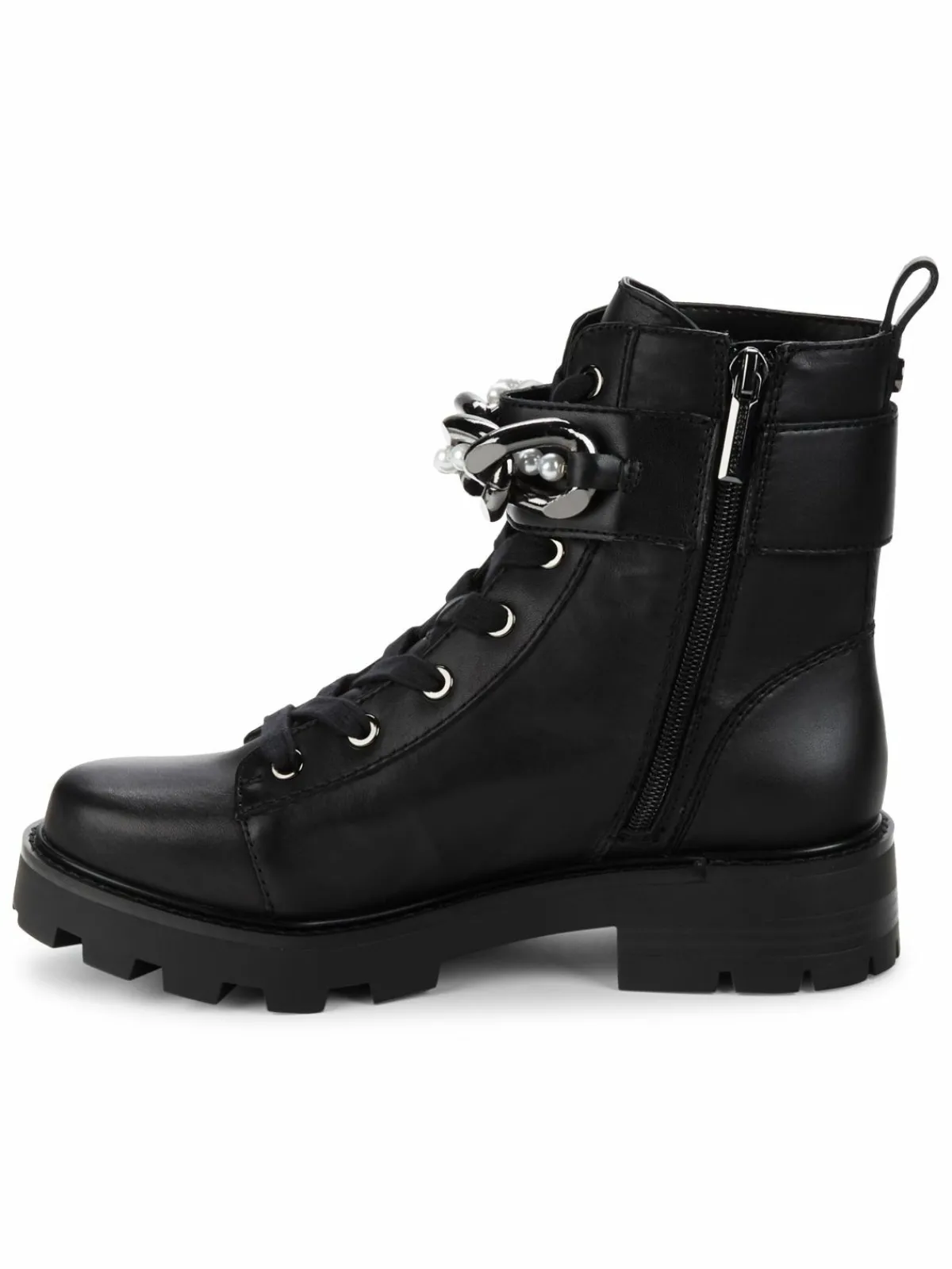 Karl Lagerfeld Paris Maxi Faux Pearl Chain Leather Ankle Boots