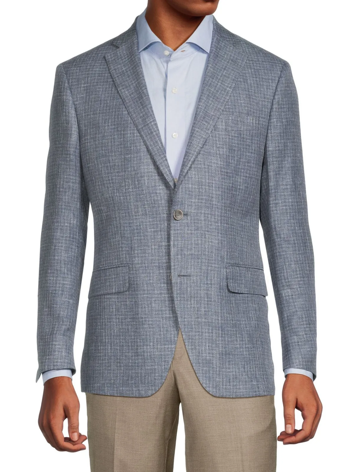 Saks Fifth Avenue Linen|Modern Fit Linen , Wool & Silk Textured Plaid Sportcoat Blue