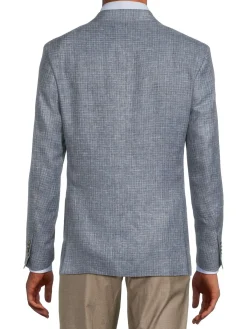 Saks Fifth Avenue Linen|Modern Fit Linen , Wool & Silk Textured Plaid Sportcoat Blue