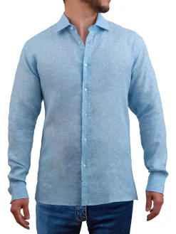 Saryans Arthur Linen|Modern Fit Textured Linen Shirt Blue
