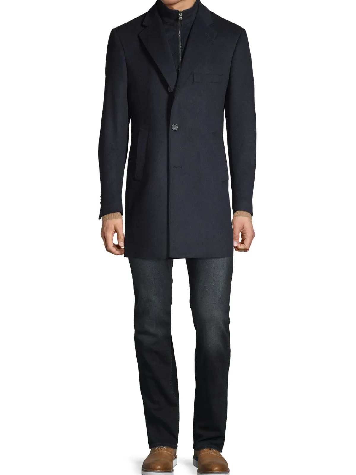 Saks Fifth Avenue Made in Italy Cashmere|Modern Fit Wool Blend Car Coat With Bib Navy Blazer