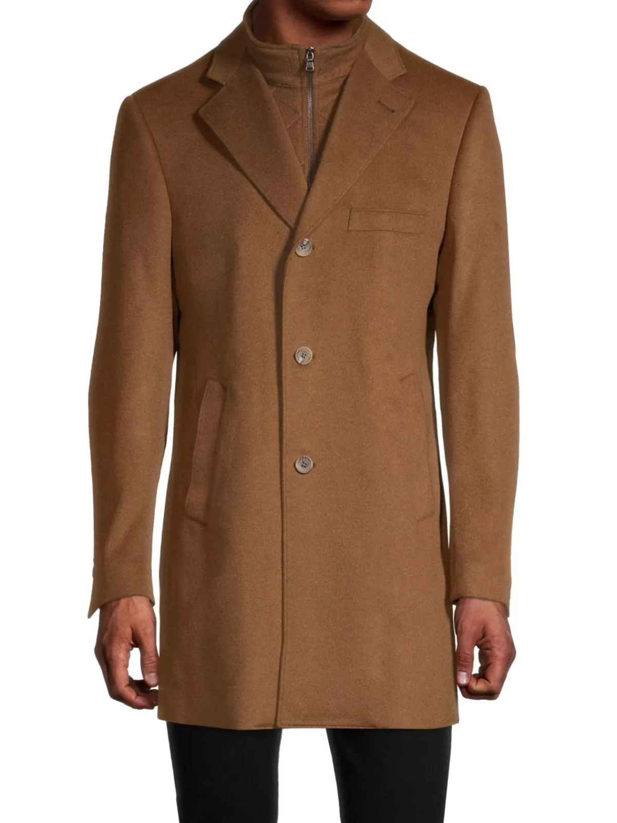 Saks Fifth Avenue Made in Italy Cashmere|Modern Fit Wool Blend Car Coat With Bib Dark Camel