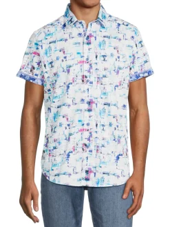 Robert Graham Casual Button-Down Shirts|Nassau Classic Fit Short Sleeve Sport Shirt Blue