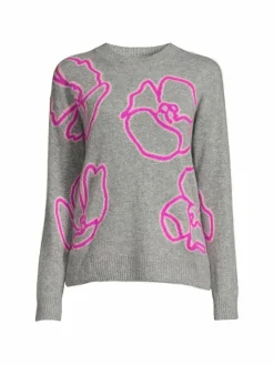 Women Saks Fifth Avenue Neon Floral Crewneck Cashmere Sweater