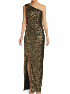 Women Calvin Klein One Shoulder Front Slit Glitter Maxi Dress