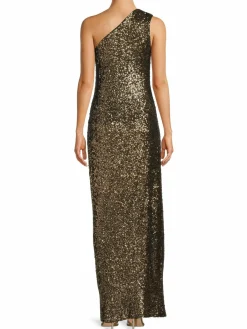 Women Calvin Klein One Shoulder Front Slit Glitter Maxi Dress