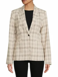 Women T Tahari Plaid Linen Blend Single Breasted Blazer