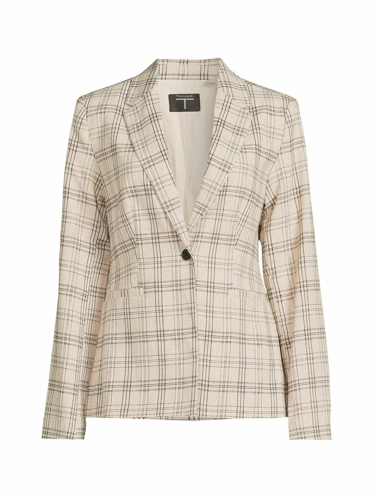Women T Tahari Plaid Linen Blend Single Breasted Blazer