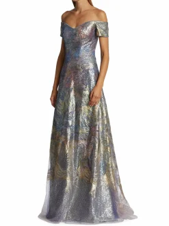 Women Rene Ruiz Collection Printed Sequin Fit & Flare Gown