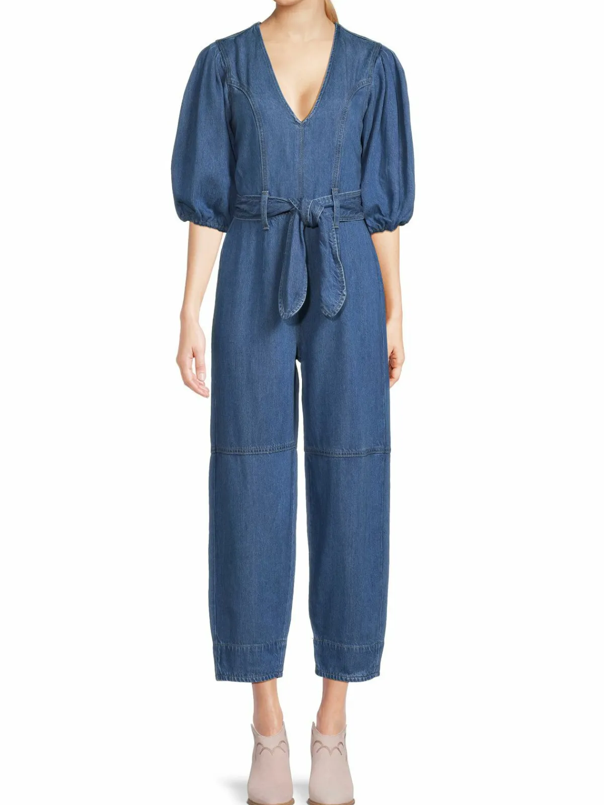 Women 7 For All Mankind Puff Sleeves Denim Jumpsuit