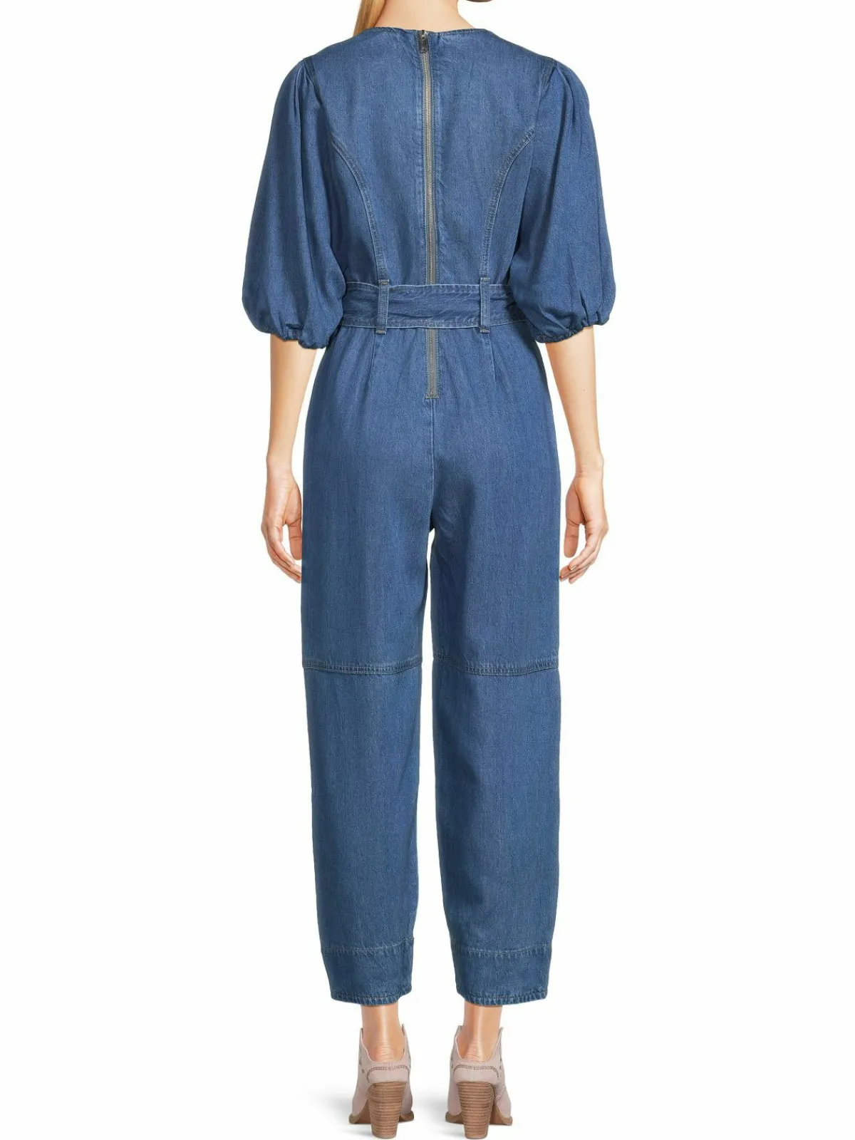 Women 7 For All Mankind Puff Sleeves Denim Jumpsuit