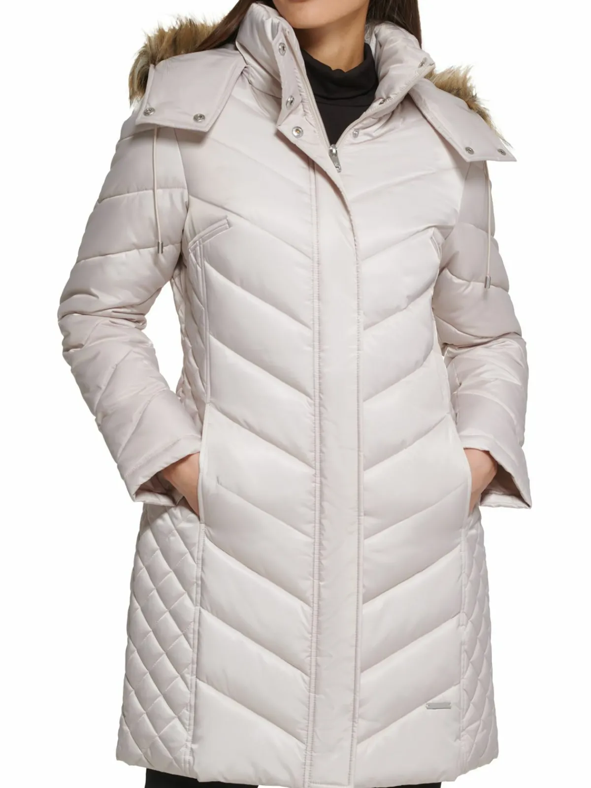 Women Kenneth Cole Quilted Faux Fur Hood Heavyweight Puffer Coat