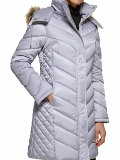 Women Kenneth Cole Quilted Faux Fur Hood Heavyweight Puffer Coat