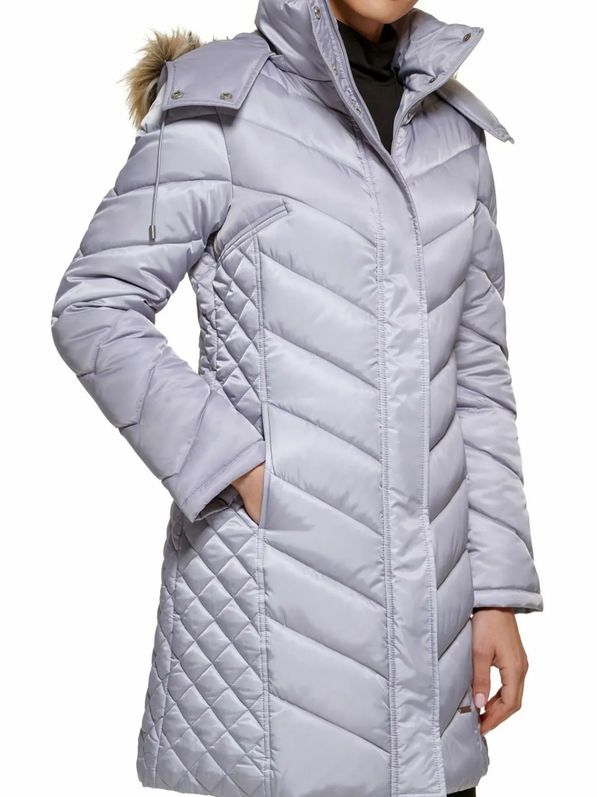 Women Kenneth Cole Quilted Faux Fur Hood Heavyweight Puffer Coat