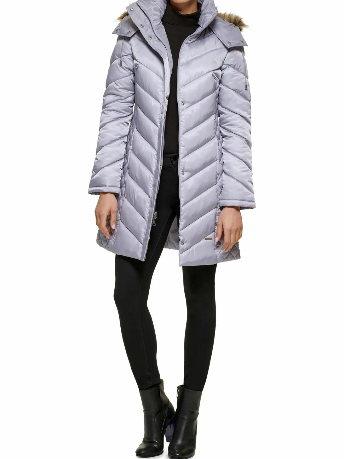 Women Kenneth Cole Quilted Faux Fur Hood Heavyweight Puffer Coat