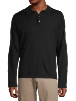 Vince Polos|Relaxed Fit Long Sleeve Merino Wool Polo Black