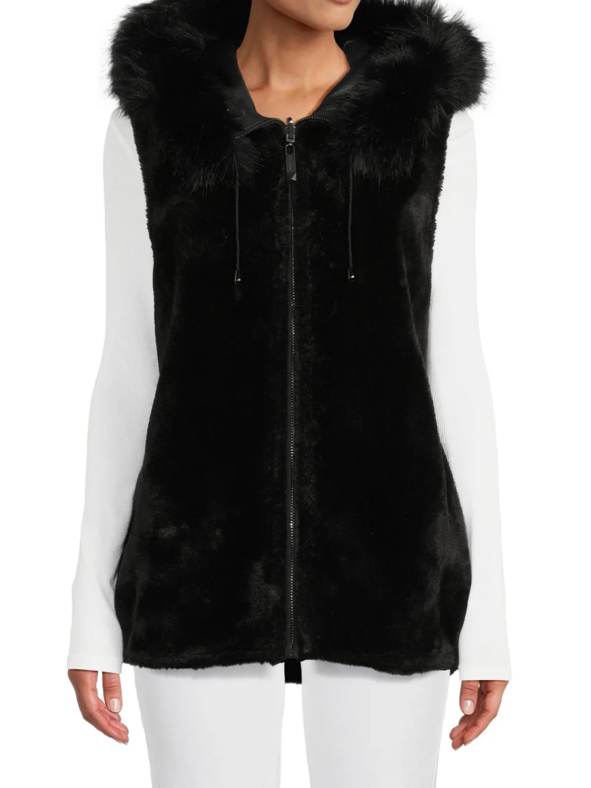 BELLE FARE Wraps & Capes|Reversible Faux Fur Hooded Vest Black