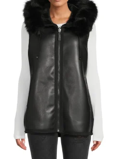 BELLE FARE Wraps & Capes|Reversible Faux Fur Hooded Vest Black