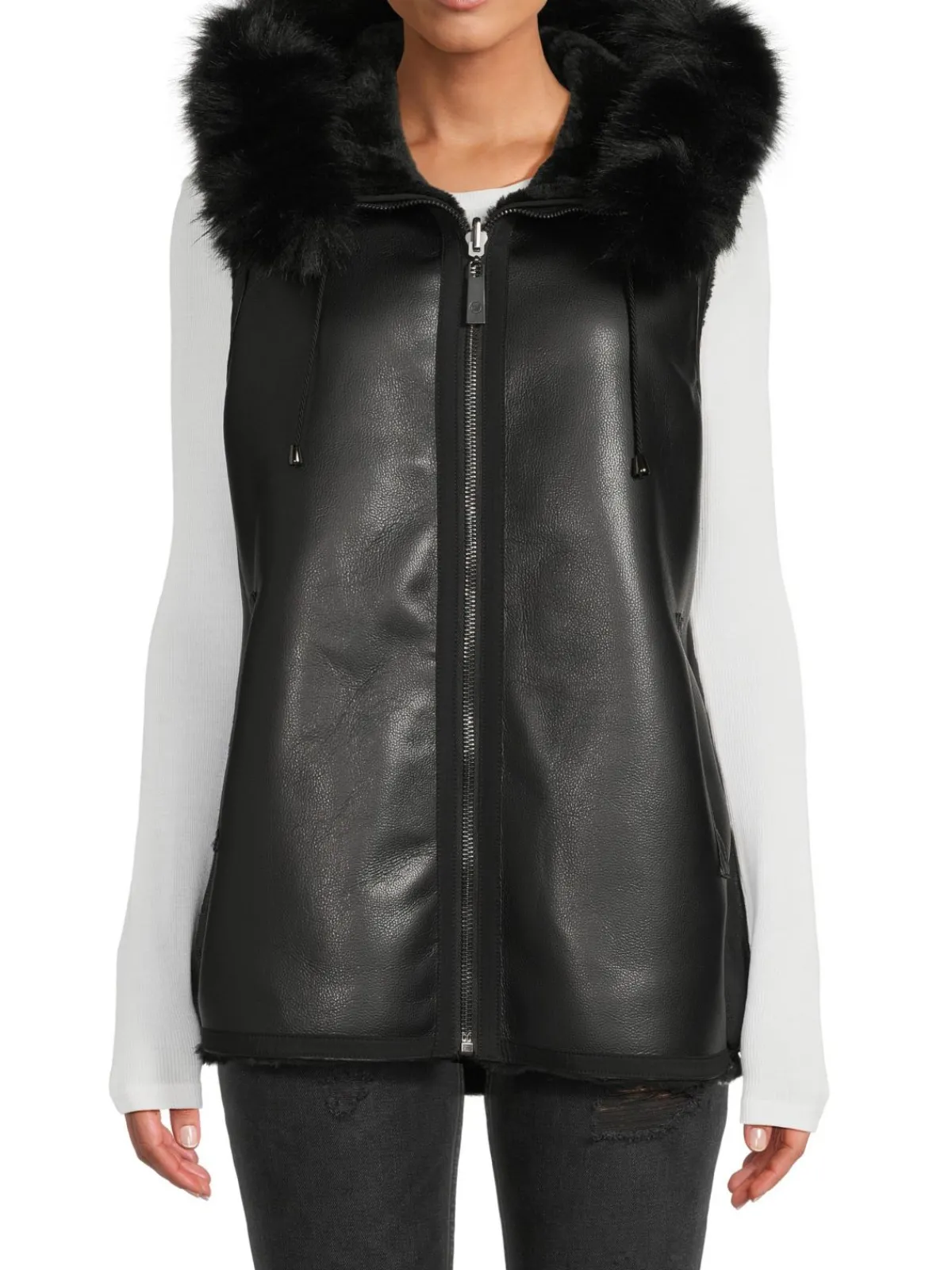 BELLE FARE Wraps & Capes|Reversible Faux Fur Hooded Vest Black