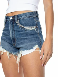 Women Blue Revival Rhinestone Distressed Denim Shorts
