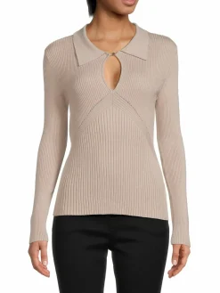 Women Saks Fifth Avenue Ribbed Keyhole Polo Sweater