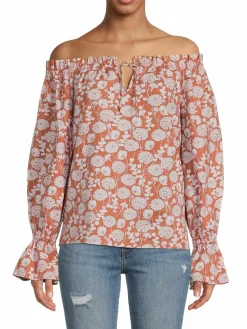 Women Saks Fifth Avenue Ruffle Off Shoulder Linen Blend Top