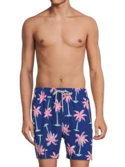 Vintage Summer Swimwear|Seersucker Palm Tree Swim Shorts Navy