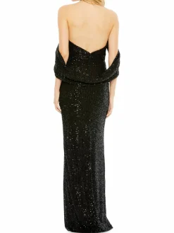 Women Mac Duggal Sequined Cutout Draped Slit Gown