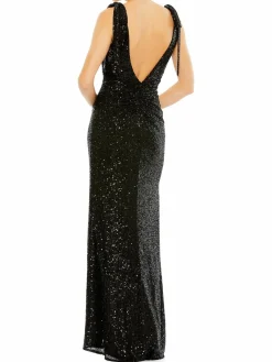 Women Mac Duggal Sequined Low Back Tie Shoulder Gown