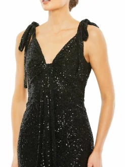 Women Mac Duggal Sequined Low Back Tie Shoulder Gown