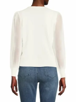 Women Wdny Sheer Sleeve Faux Pearl Cardigan