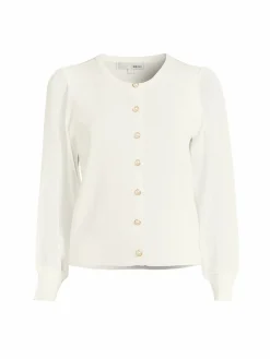 Women Wdny Sheer Sleeve Faux Pearl Cardigan