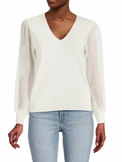 Women Wdny Sheer Sleeve V Neck Sweater