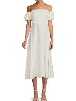 Women Reiss Shona Off Shoulder Linen Blend Midi Flared Dress