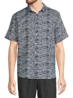 Perry Ellis Linen|Short Sleeve Wave Linen Blend Button Down Shirt Dark Sapphire