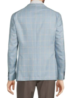 Lubiam Blazers & Sportcoats|Silk & Virgin Wool Windowpane Check Sportcoat Light Blue