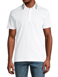 Versace Polos|Silver Baroque, Fuchsia & Tawny Embroidered Polo Optical White
