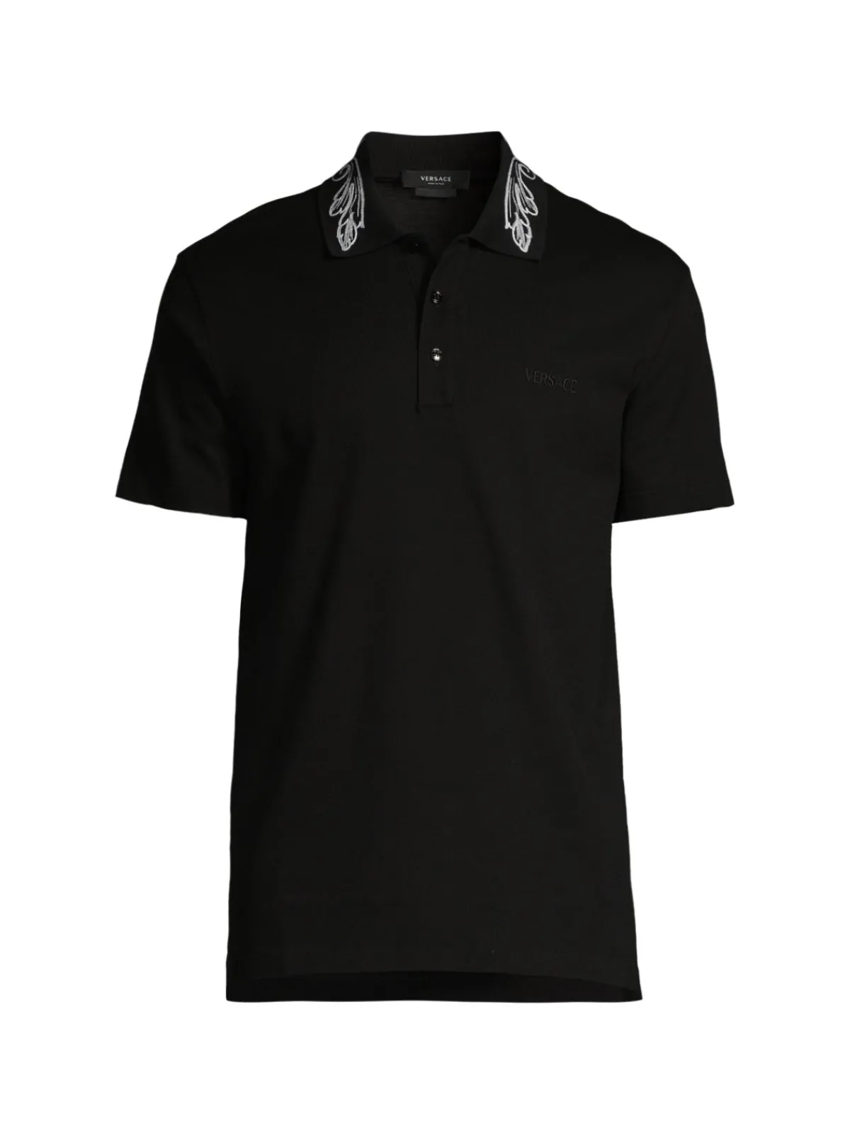 Versace Polos|Silver Baroque, Fuchsia & Tawny Embroidered Polo Optical White
