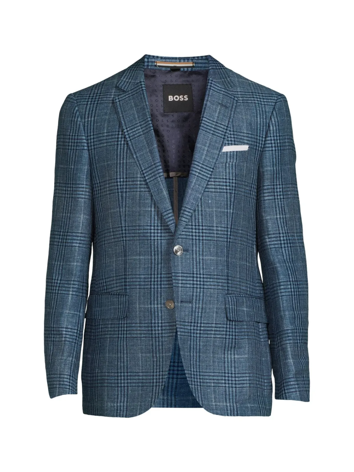 BOSS Linen|Slim Fit Checked Linen Blend Blazer Blue