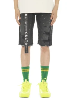 Cult Of Individuality Shorts|Slim Fit Distressed Belted Jean Shorts Black