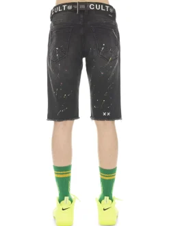 Cult Of Individuality Shorts|Slim Fit Distressed Belted Jean Shorts Black