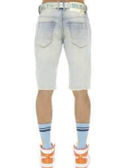 Cult Of Individuality Shorts|Slim Fit Distressed Belted Jean Shorts Scars Blue