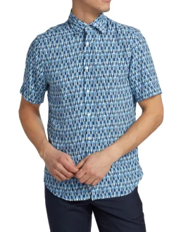 Saks Fifth Avenue Casual Button-Down Shirts|Slim Fit Geo Stripe Short Sleeved Shirt Ibiza Blue